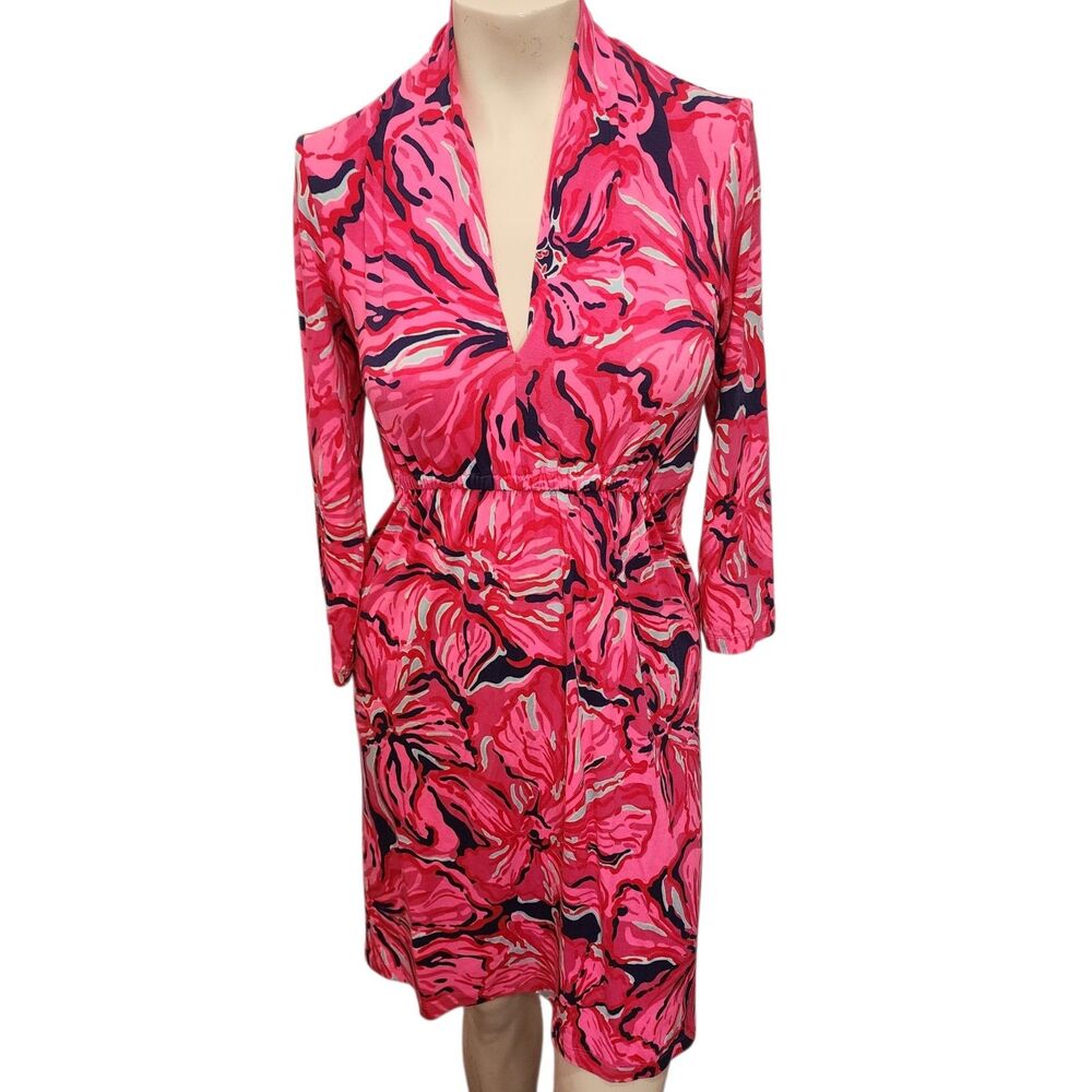 Lilly Pulitzer Pink Floral V Neck Dress XS 3/4 Sleeve Resort Preppy